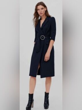 Zara Dark Navy Tailored Blazer Dress with Notched Lapel